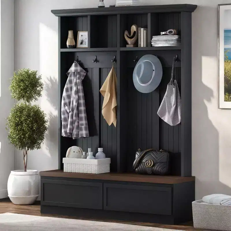 Appendiabiti da ingresso Okak Farmhouse con panca in legno, scaffale portaoggetti versatile con 2 ampi cassetti, portaoggetti da ingresso per corridoio, soggiorno, Nero+Noce