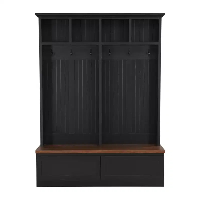 Appendiabiti da ingresso Okak Farmhouse con panca in legno, scaffale portaoggetti versatile con 2 ampi cassetti, portaoggetti da ingresso per corridoio, soggiorno, Nero+Noce