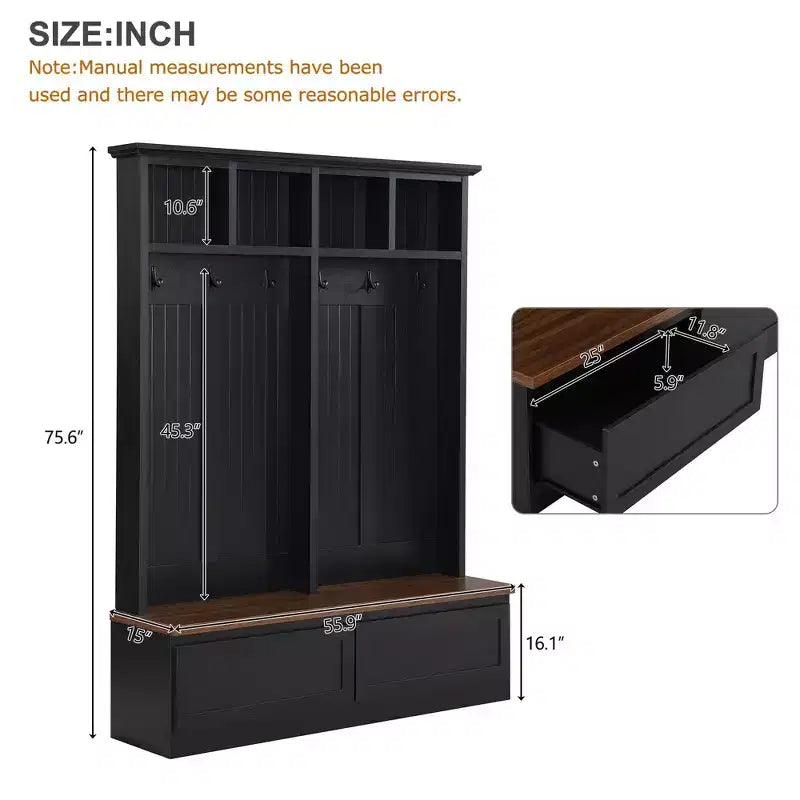Appendiabiti da ingresso Okak Farmhouse con panca in legno, scaffale portaoggetti versatile con 2 ampi cassetti, portaoggetti da ingresso per corridoio, soggiorno, Nero+Noce