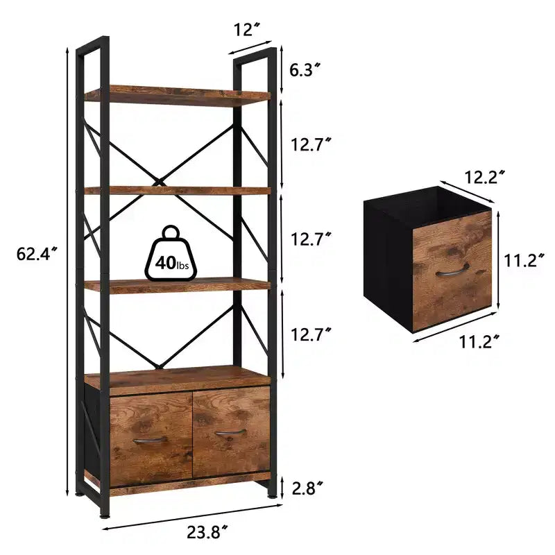 Scaffale a 5 ripiani Celebalcony con 2 cassetti, scaffalature verticali, organizer in legno e metallo, libreria per casa, ufficio, camera da letto, marrone rustico