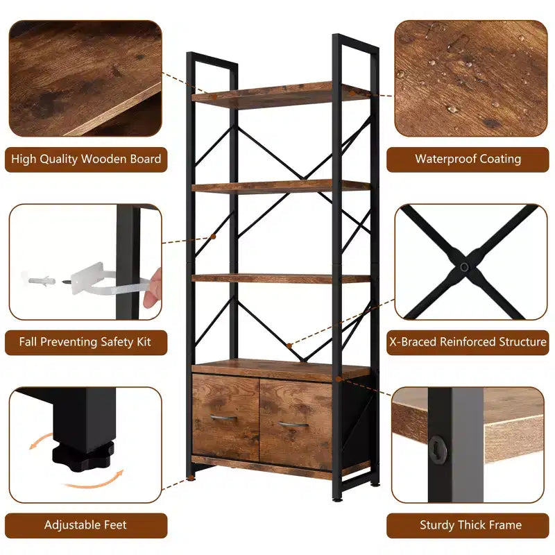 Scaffale a 5 ripiani Celebalcony con 2 cassetti, scaffalature verticali, organizer in legno e metallo, libreria per casa, ufficio, camera da letto, marrone rustico