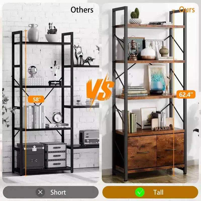 Scaffale a 5 ripiani Celebalcony con 2 cassetti, scaffalature verticali, organizer in legno e metallo, libreria per casa, ufficio, camera da letto, marrone rustico