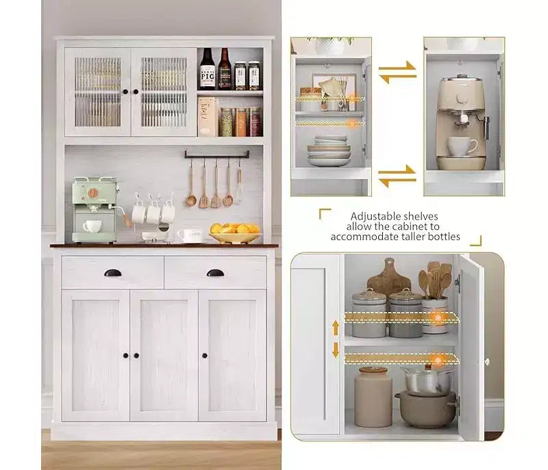 Mobile Dispensa Cucina in Legno da 71", Madia Buffet Autoportante con Supporto per Microonde, Angolo Caffè, 2 Cassetti, 5 Ante e Ripiani per Sala da Pranzo