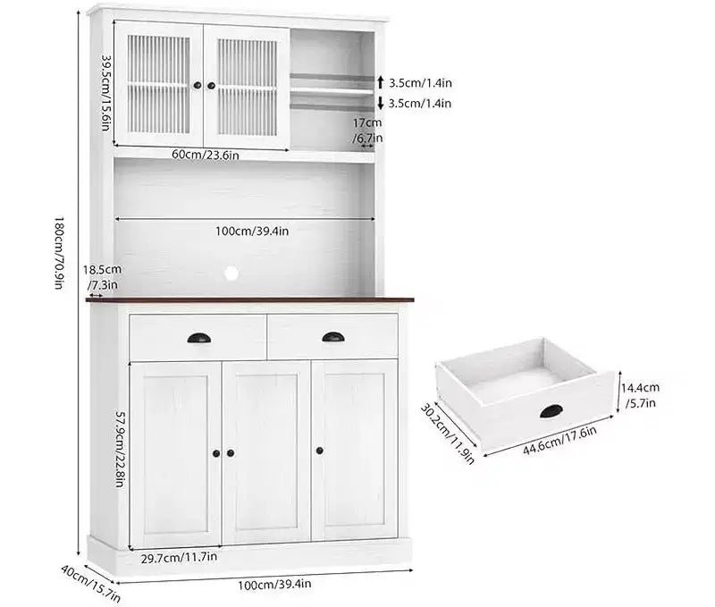 Mobile Dispensa Cucina in Legno da 71", Madia Buffet Autoportante con Supporto per Microonde, Angolo Caffè, 2 Cassetti, 5 Ante e Ripiani per Sala da Pranzo