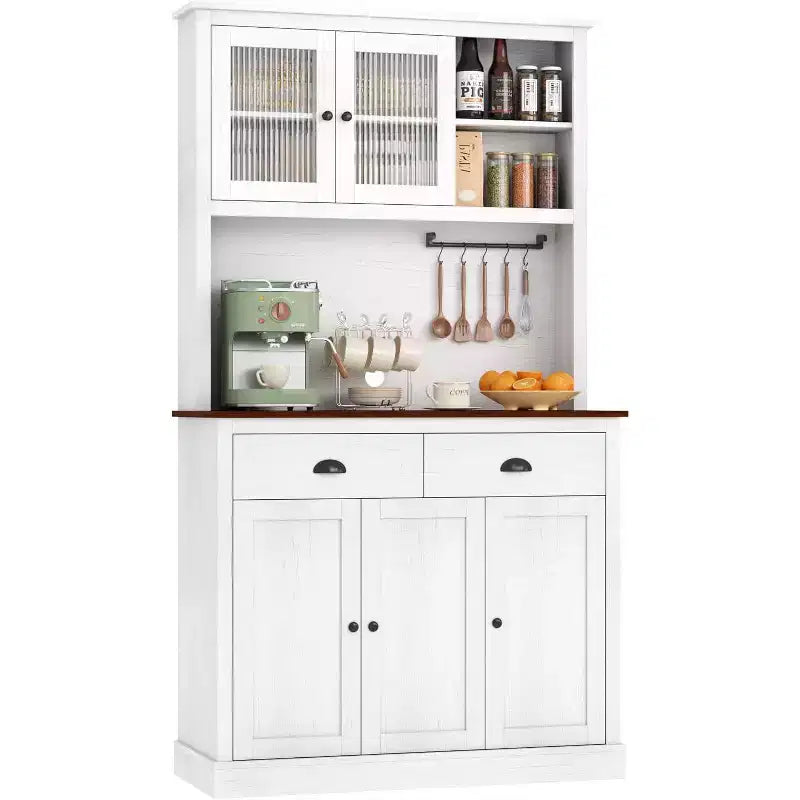 Mobile Dispensa Cucina in Legno da 71", Madia Buffet Autoportante con Supporto per Microonde, Angolo Caffè, 2 Cassetti, 5 Ante e Ripiani per Sala da Pranzo