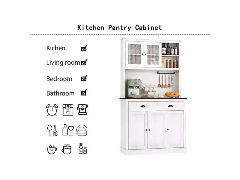 Mobile Dispensa Cucina in Legno da 71", Madia Buffet Autoportante con Supporto per Microonde, Angolo Caffè, 2 Cassetti, 5 Ante e Ripiani per Sala da Pranzo