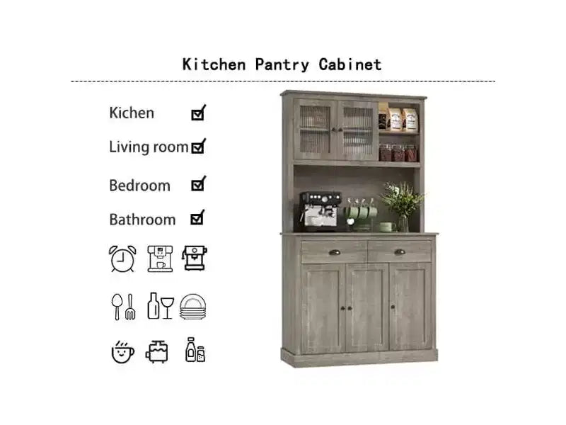 Mobile Dispensa Cucina in Legno da 71", Madia Buffet Autoportante con Supporto per Microonde, Angolo Caffè, 2 Cassetti, 5 Ante e Ripiani per Sala da Pranzo
