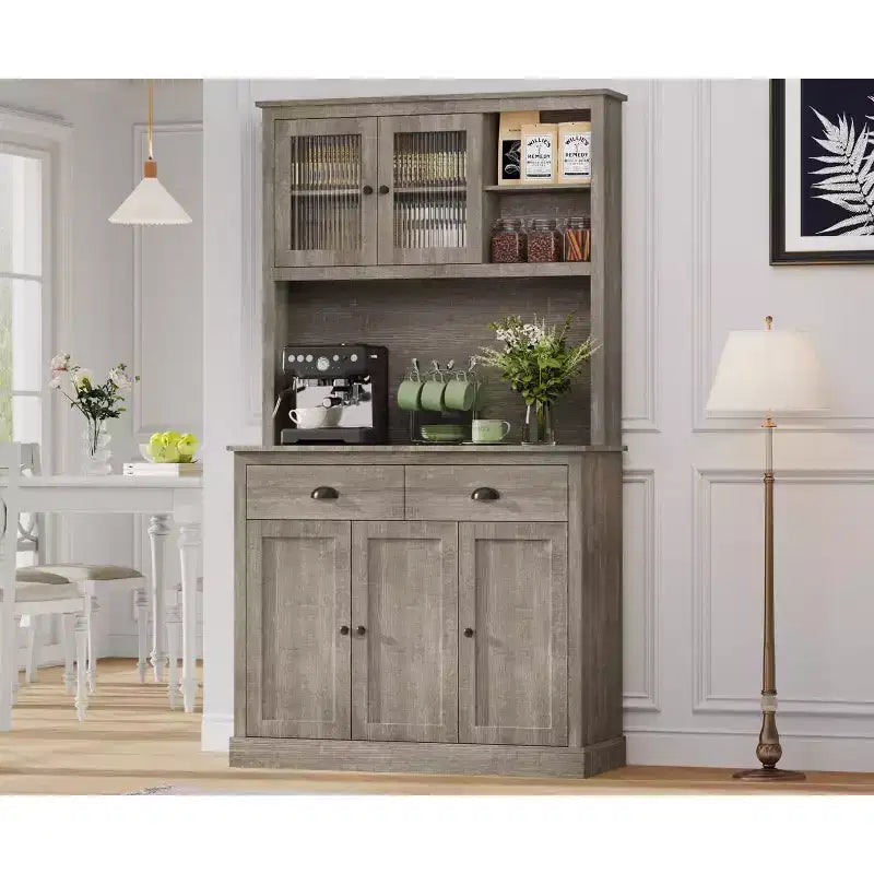 Mobile Dispensa Cucina in Legno da 71", Madia Buffet Autoportante con Supporto per Microonde, Angolo Caffè, 2 Cassetti, 5 Ante e Ripiani per Sala da Pranzo