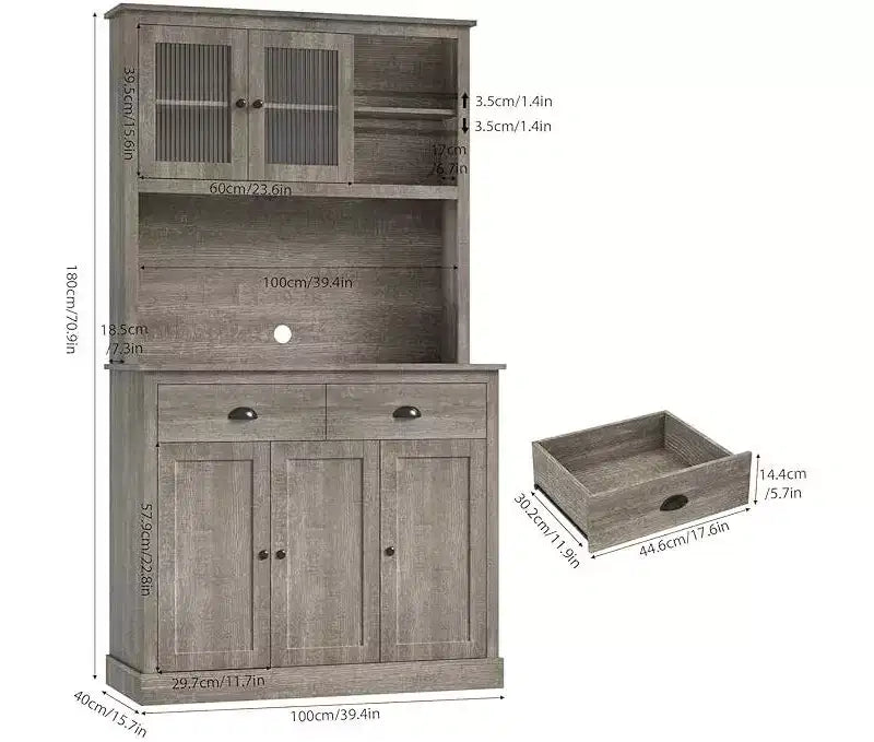 Mobile Dispensa Cucina in Legno da 71", Madia Buffet Autoportante con Supporto per Microonde, Angolo Caffè, 2 Cassetti, 5 Ante e Ripiani per Sala da Pranzo