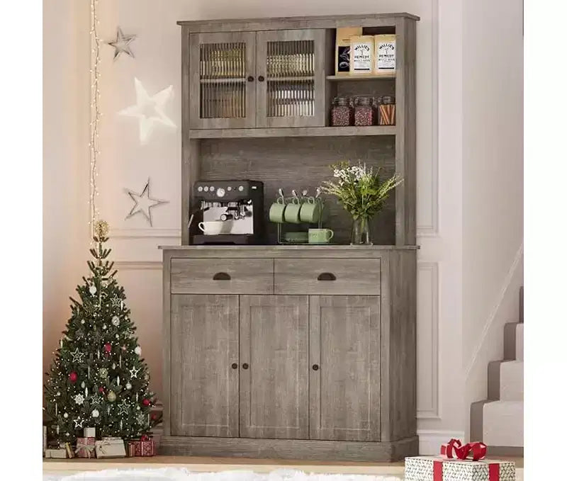 Mobile Dispensa Cucina in Legno da 71", Madia Buffet Autoportante con Supporto per Microonde, Angolo Caffè, 2 Cassetti, 5 Ante e Ripiani per Sala da Pranzo