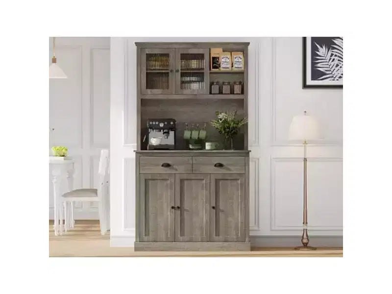71 Wood Kitchen Pantry Storage Cabinet, Freestanding Buffet Hutch with Microwave Stand, Coffee Bar, 2 Drawers, 5 Doors & Shelves for Dining Room