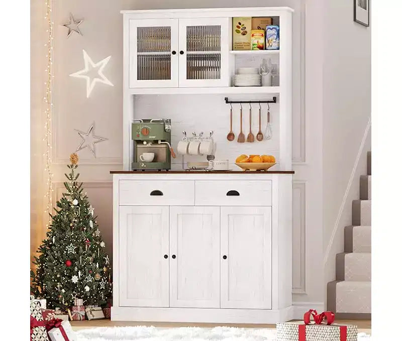 Mobile Dispensa Cucina in Legno da 71", Madia Buffet Autoportante con Supporto per Microonde, Angolo Caffè, 2 Cassetti, 5 Ante e Ripiani per Sala da Pranzo