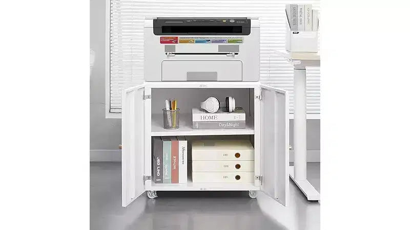 Supporto per stampante in metallo con spazio di archiviazione, schedario mobile su ruote con ante e ripiano regolabile, tavolino moderno per stampante su ruote