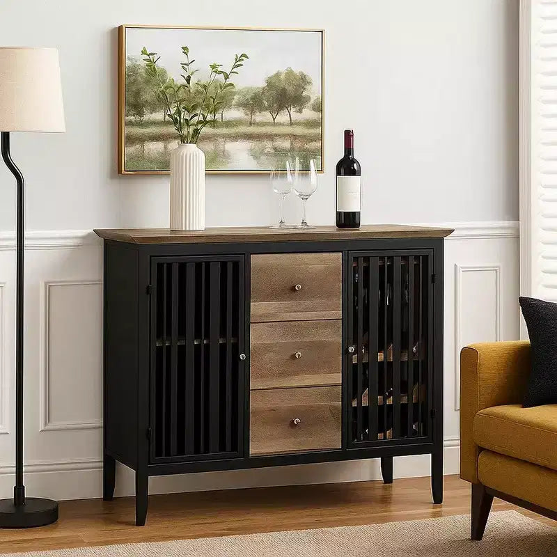 Royal Hampton 47 Inch Sideboard Buffet, 3 Drawers, Antique Oak Brown and Black