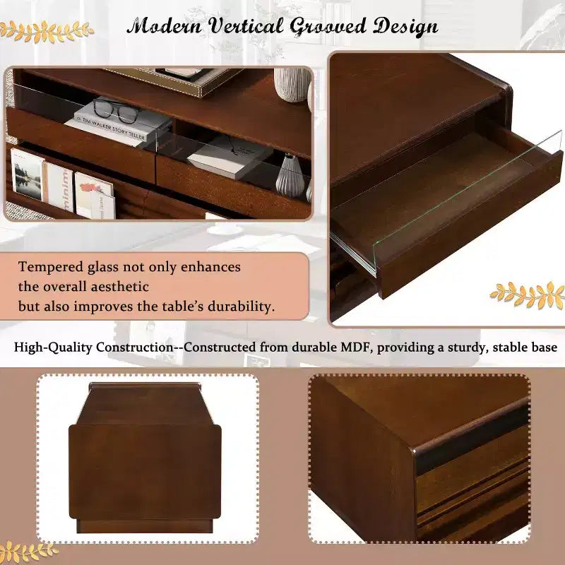 47.2 Tavolino da Caffè Rettangolare Moderno con 4 Cassetti, 2 Ripiani a Vista e Piano in Vetro Temperato - Panipeachy