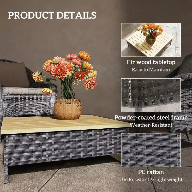 Tavolino da esterno con rattan PE, tavolino da patio con piano in legno di abete naturale, tavolino da esterno resistente alle intemperie per patio, piscina, portico