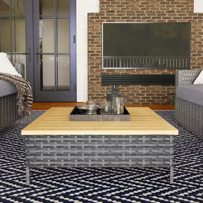 Tavolino da esterno con rattan PE, tavolino da patio con piano in legno di abete naturale, tavolino da esterno resistente alle intemperie per patio, piscina, portico