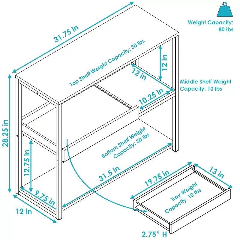 Sunnydaze, Tavolino da divano a 3 ripiani in stile industriale con vassoio da portata rimovibile - Marrone - 71,75 cm