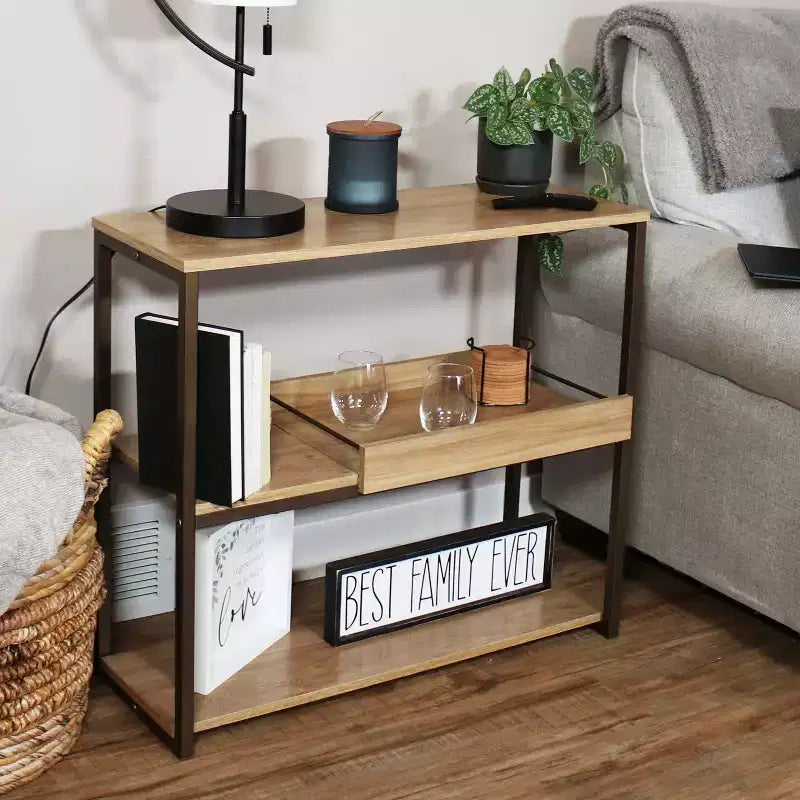 Sunnydaze, Tavolino da divano a 3 ripiani in stile industriale con vassoio da portata rimovibile - Marrone - 71,75 cm