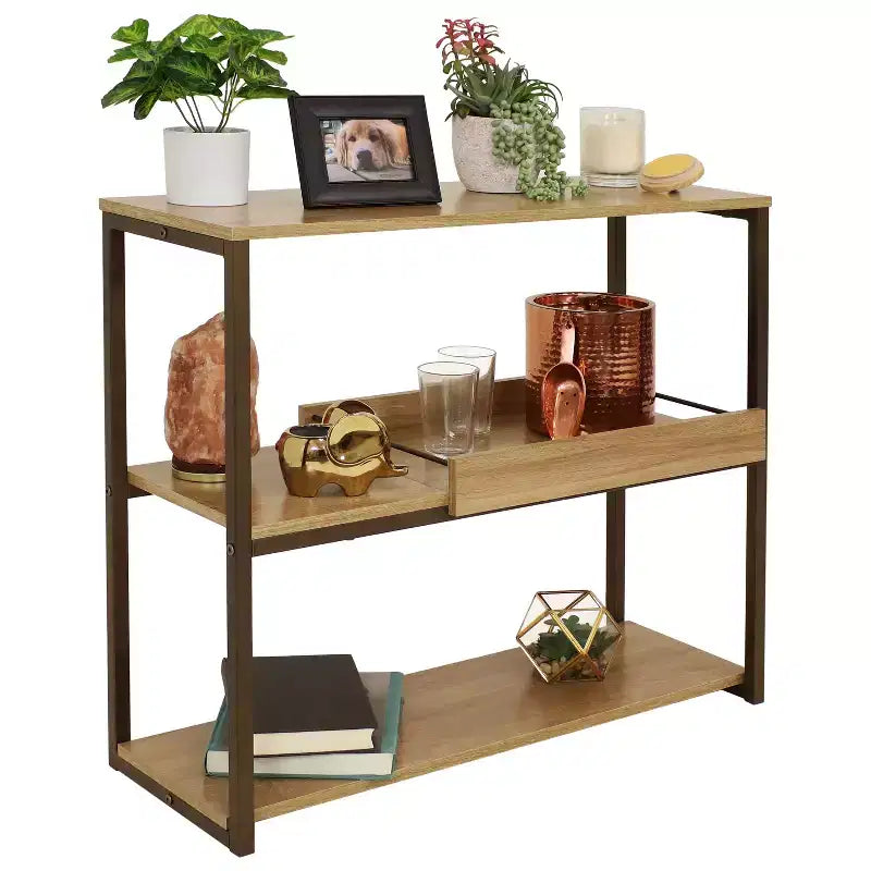 Sunnydaze, Tavolino da divano a 3 ripiani in stile industriale con vassoio da portata rimovibile - Marrone - 71,75 cm