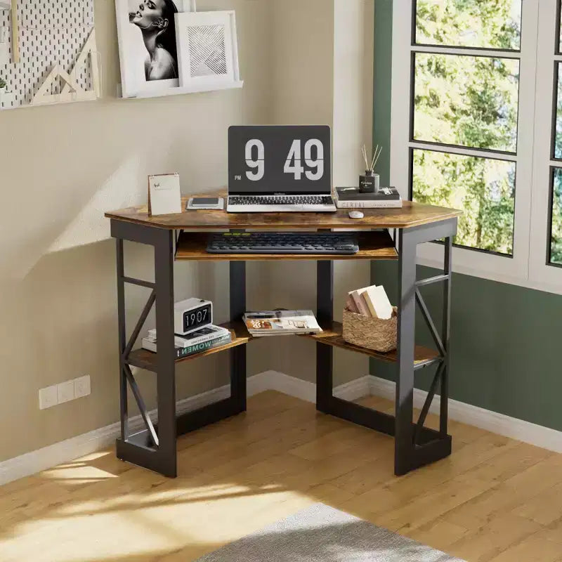 Scrivania ad angolo per computer VECELO da 104 cm con ripiani portaoggetti e stazione di ricarica, scrivania da gamer, scrivania moderna per workstation da ufficio domestico