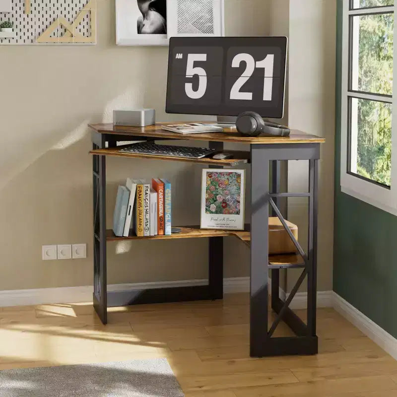 Scrivania ad angolo per computer VECELO da 104 cm con ripiani portaoggetti e stazione di ricarica, scrivania da gamer, scrivania moderna per workstation da ufficio domestico
