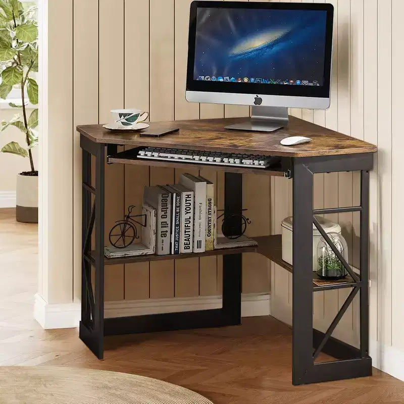Scrivania ad angolo per computer VECELO da 104 cm con ripiani portaoggetti e stazione di ricarica, scrivania da gamer, scrivania moderna per workstation da ufficio domestico