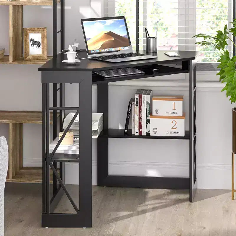 Scrivania ad angolo per computer VECELO da 104 cm con ripiani portaoggetti e stazione di ricarica, scrivania da gamer, scrivania moderna per workstation da ufficio domestico