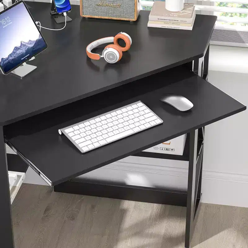Scrivania ad angolo per computer VECELO da 104 cm con ripiani portaoggetti e stazione di ricarica, scrivania da gamer, scrivania moderna per workstation da ufficio domestico
