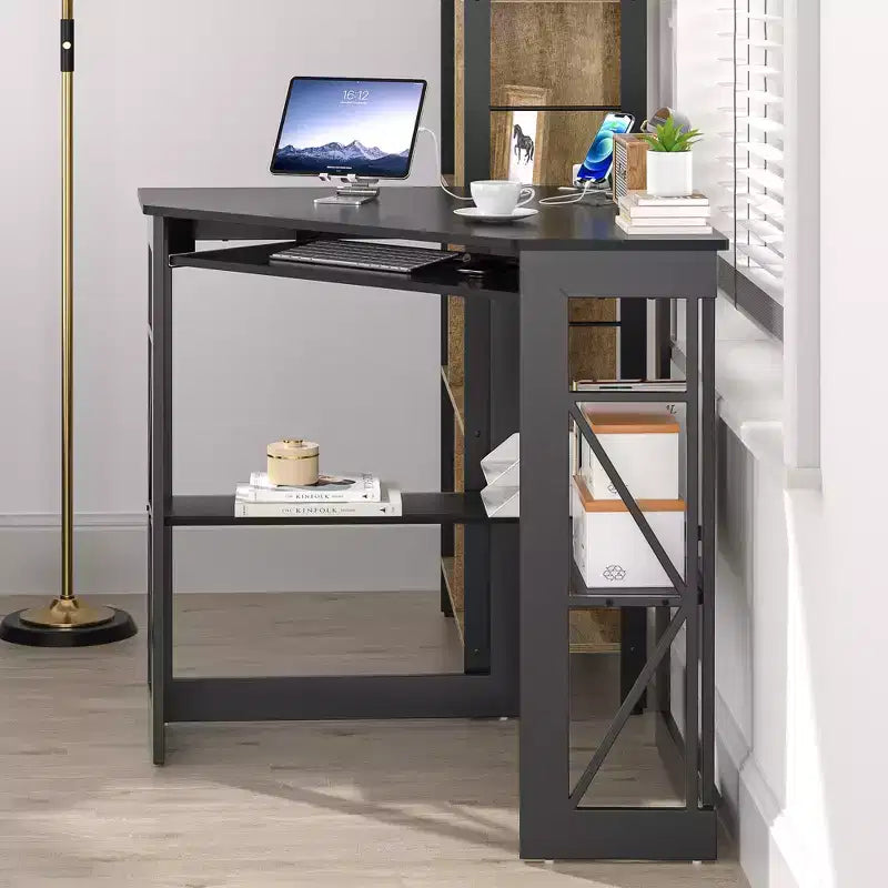 Scrivania ad angolo per computer VECELO da 104 cm con ripiani portaoggetti e stazione di ricarica, scrivania da gamer, scrivania moderna per workstation da ufficio domestico