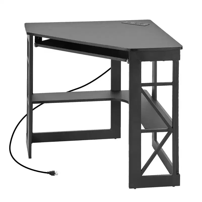 Scrivania ad angolo per computer VECELO da 104 cm con ripiani portaoggetti e stazione di ricarica, scrivania da gamer, scrivania moderna per workstation da ufficio domestico