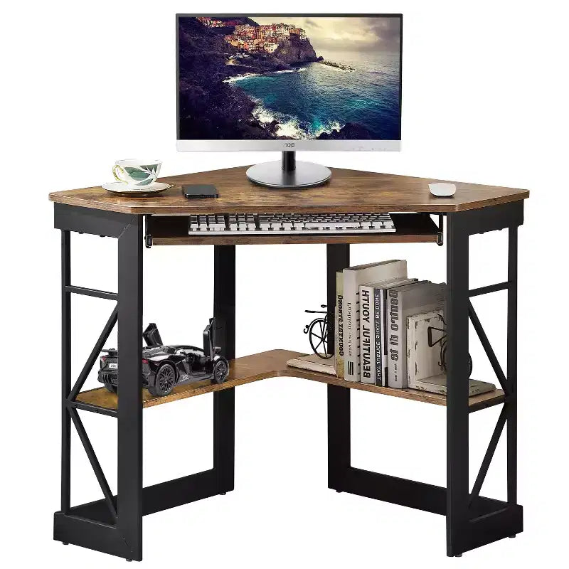 Scrivania ad angolo per computer VECELO da 104 cm con ripiani portaoggetti e stazione di ricarica, scrivania da gamer, scrivania moderna per workstation da ufficio domestico