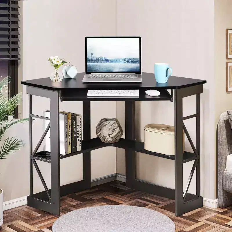 Scrivania ad angolo per computer VECELO da 104 cm con ripiani portaoggetti e stazione di ricarica, scrivania da gamer, scrivania moderna per workstation da ufficio domestico