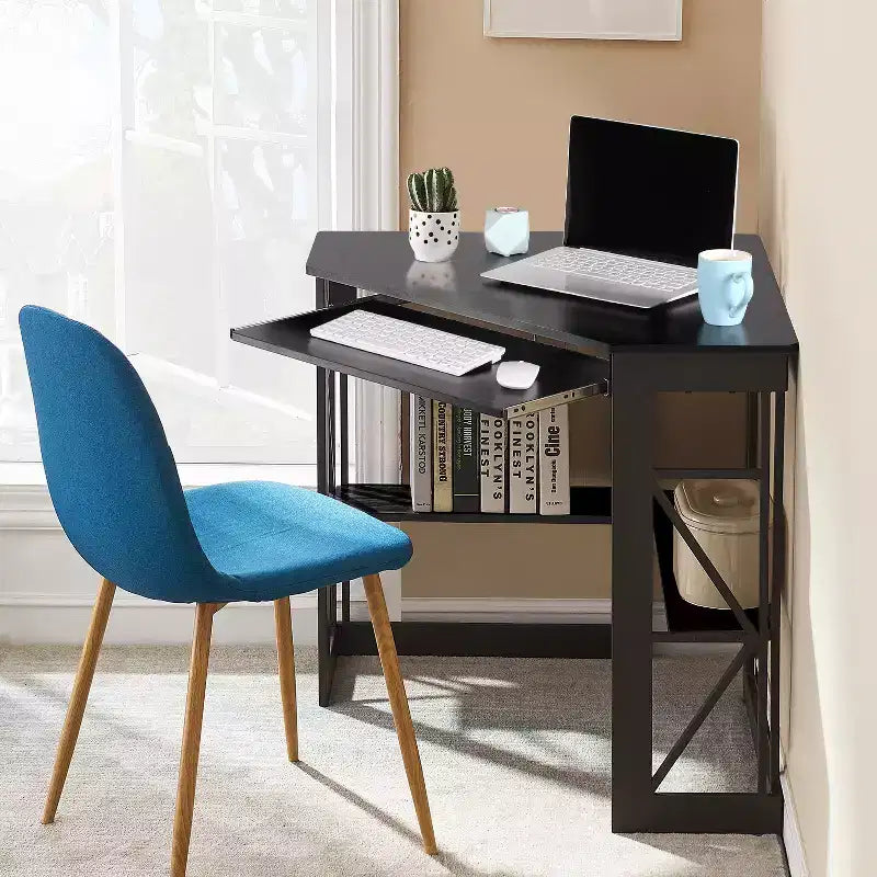 Scrivania ad angolo per computer VECELO da 104 cm con ripiani portaoggetti e stazione di ricarica, scrivania da gamer, scrivania moderna per workstation da ufficio domestico