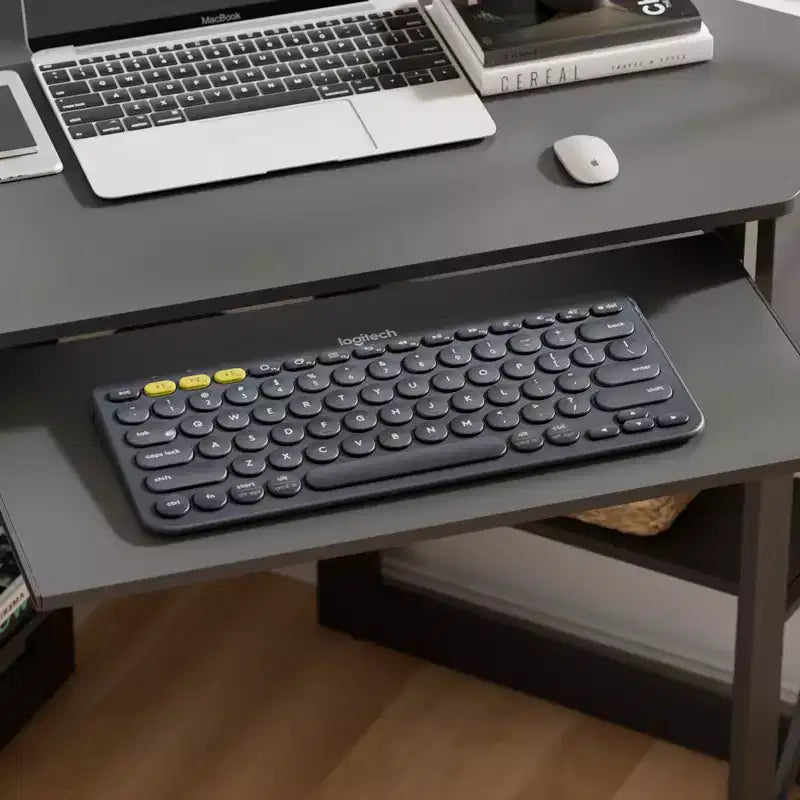 Scrivania ad angolo per computer VECELO da 104 cm con ripiani portaoggetti e stazione di ricarica, scrivania da gamer, scrivania moderna per workstation da ufficio domestico