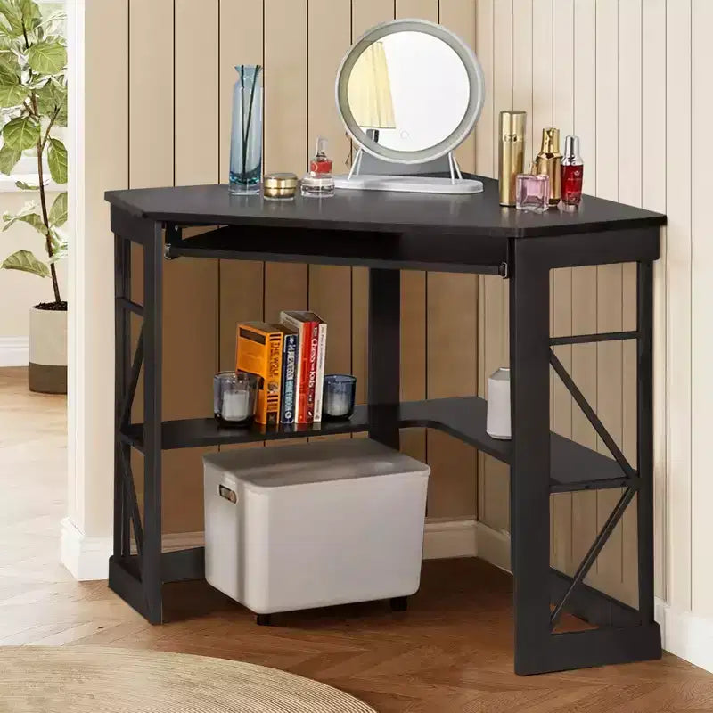 Scrivania ad angolo per computer VECELO da 104 cm con ripiani portaoggetti e stazione di ricarica, scrivania da gamer, scrivania moderna per workstation da ufficio domestico