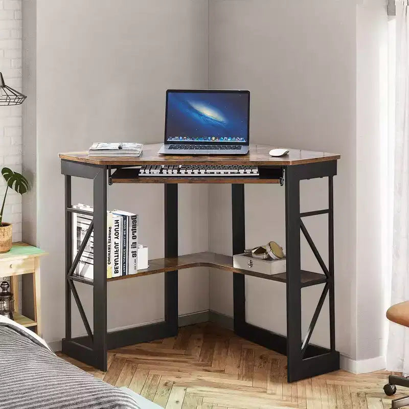 Scrivania ad angolo per computer VECELO da 104 cm con ripiani portaoggetti e stazione di ricarica, scrivania da gamer, scrivania moderna per workstation da ufficio domestico