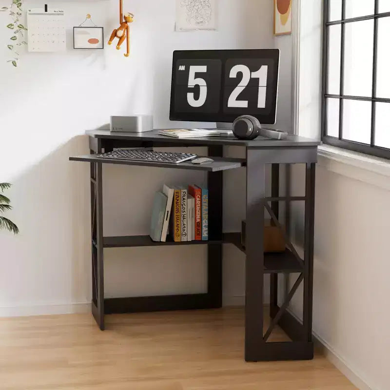 Scrivania ad angolo per computer VECELO da 104 cm con ripiani portaoggetti e stazione di ricarica, scrivania da gamer, scrivania moderna per workstation da ufficio domestico