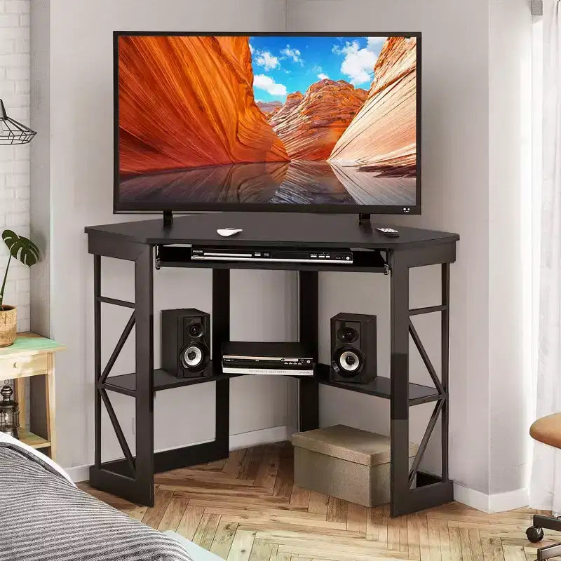 Scrivania ad angolo per computer VECELO da 104 cm con ripiani portaoggetti e stazione di ricarica, scrivania da gamer, scrivania moderna per workstation da ufficio domestico