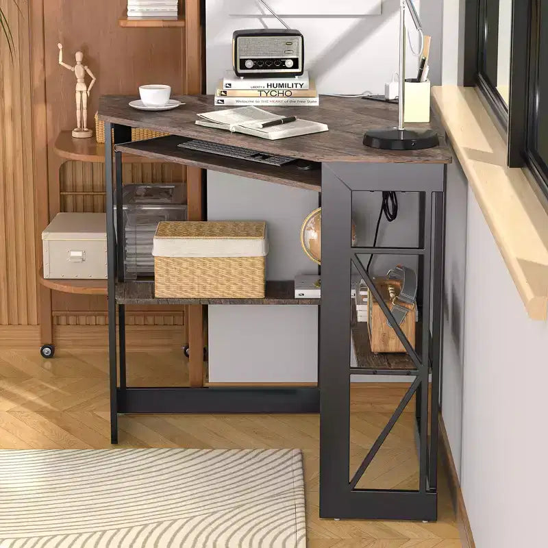 Scrivania ad angolo per computer VECELO da 104 cm con ripiani portaoggetti e stazione di ricarica, scrivania da gamer, scrivania moderna per workstation da ufficio domestico