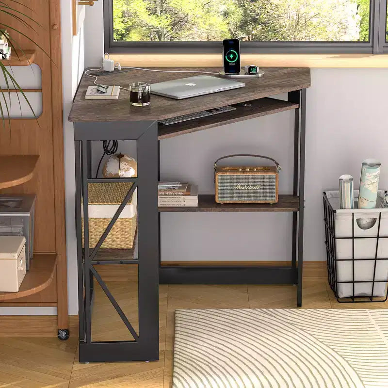 Scrivania ad angolo per computer VECELO da 104 cm con ripiani portaoggetti e stazione di ricarica, scrivania da gamer, scrivania moderna per workstation da ufficio domestico