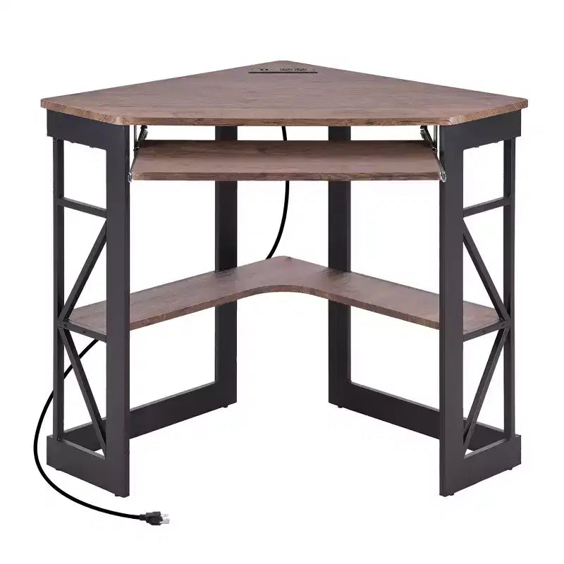 Scrivania ad angolo per computer VECELO da 104 cm con ripiani portaoggetti e stazione di ricarica, scrivania da gamer, scrivania moderna per workstation da ufficio domestico