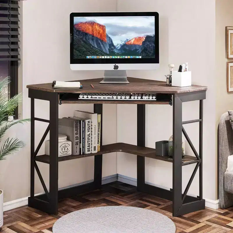 Scrivania ad angolo per computer VECELO da 104 cm con ripiani portaoggetti e stazione di ricarica, scrivania da gamer, scrivania moderna per workstation da ufficio domestico
