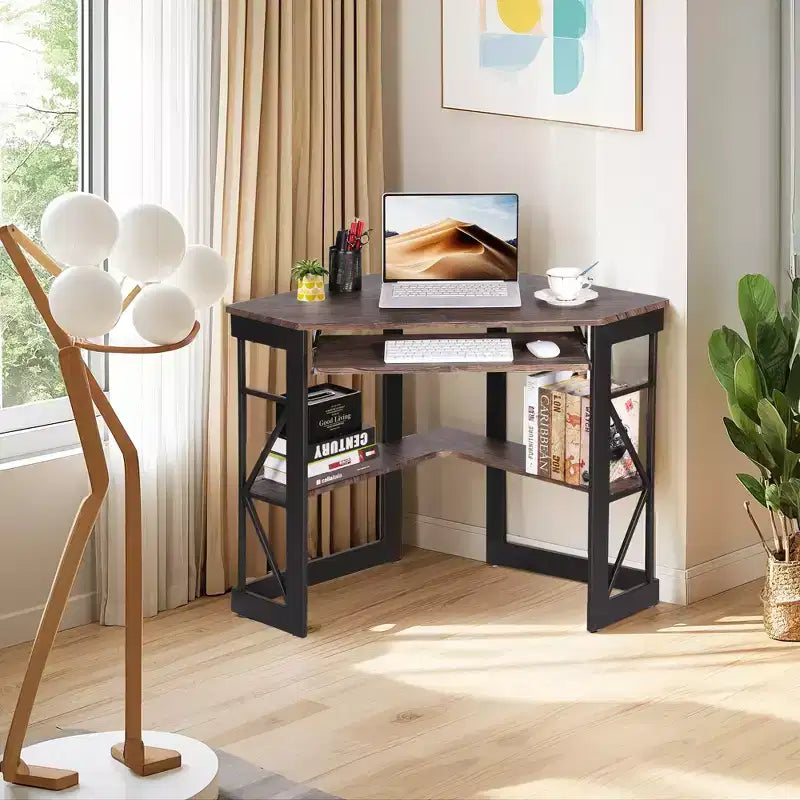 Scrivania ad angolo per computer VECELO da 104 cm con ripiani portaoggetti e stazione di ricarica, scrivania da gamer, scrivania moderna per workstation da ufficio domestico