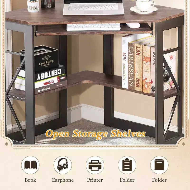 Scrivania ad angolo per computer VECELO da 104 cm con ripiani portaoggetti e stazione di ricarica, scrivania da gamer, scrivania moderna per workstation da ufficio domestico