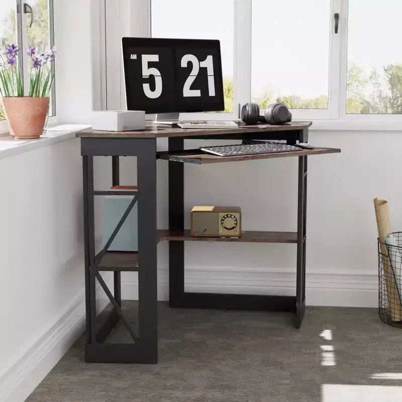 Scrivania ad angolo per computer VECELO da 104 cm con ripiani portaoggetti e stazione di ricarica, scrivania da gamer, scrivania moderna per workstation da ufficio domestico