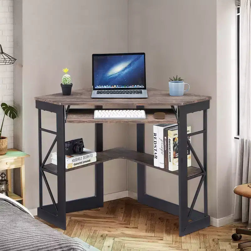 Scrivania ad angolo per computer VECELO da 104 cm con ripiani portaoggetti e stazione di ricarica, scrivania da gamer, scrivania moderna per workstation da ufficio domestico