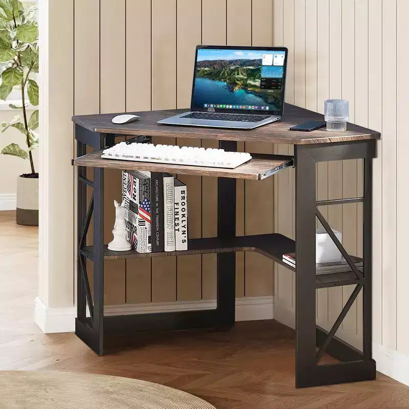Scrivania ad angolo per computer VECELO da 104 cm con ripiani portaoggetti e stazione di ricarica, scrivania da gamer, scrivania moderna per workstation da ufficio domestico