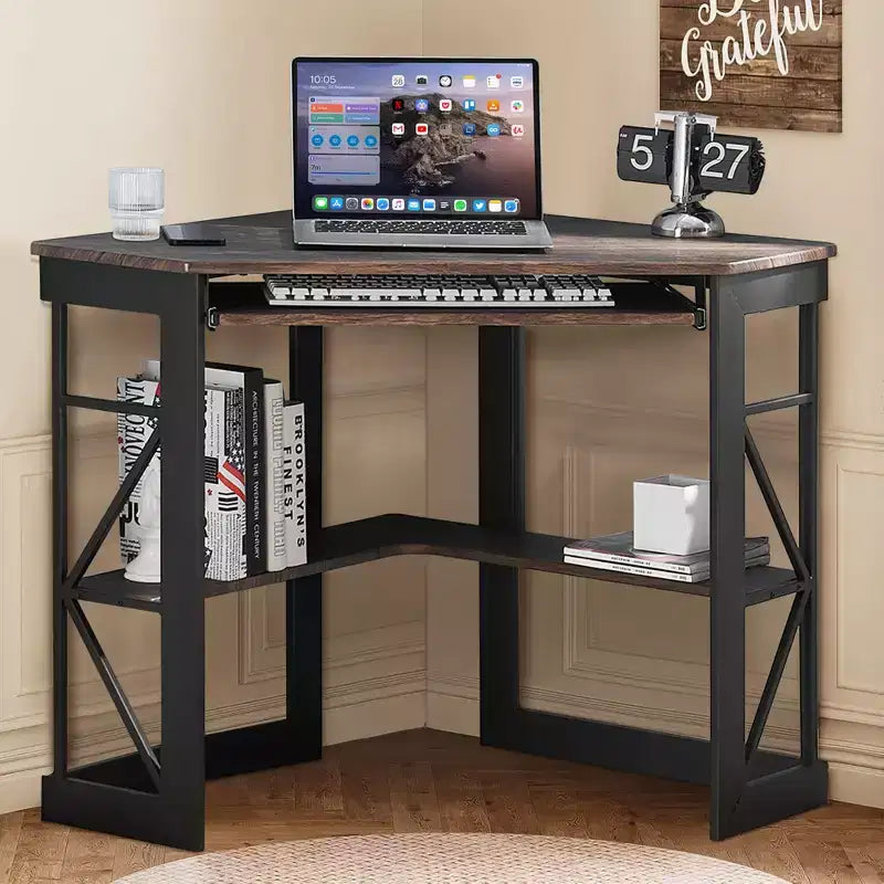 Scrivania ad angolo per computer VECELO da 104 cm con ripiani portaoggetti e stazione di ricarica, scrivania da gamer, scrivania moderna per workstation da ufficio domestico
