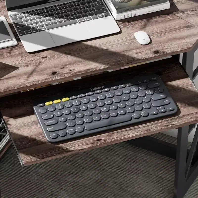 Scrivania ad angolo per computer VECELO da 104 cm con ripiani portaoggetti e stazione di ricarica, scrivania da gamer, scrivania moderna per workstation da ufficio domestico